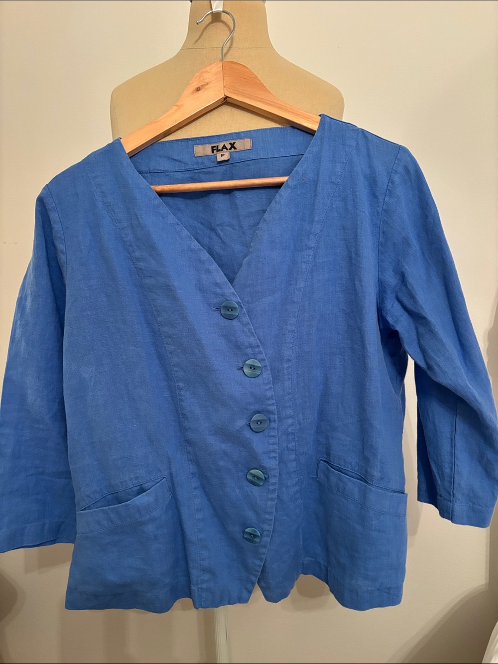 Flax Blue Linen Button-Front V-Neck Jacket size P